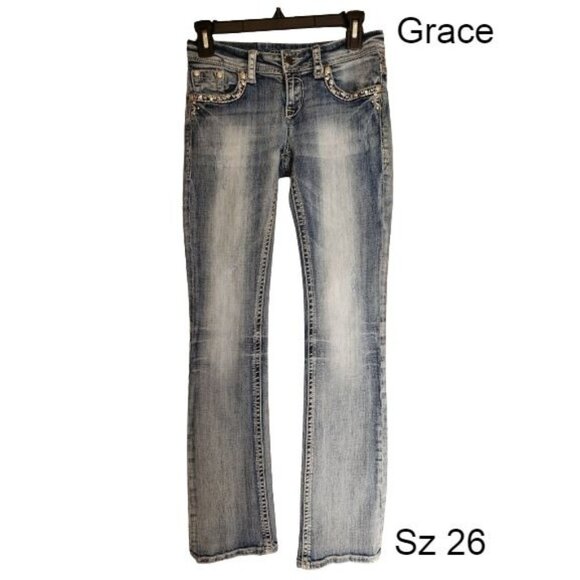 Grace in LA Womens Jeans 4 Stonewash Denim Rhinestone Studded 26" Grunge Street - Picture 1 of 10
